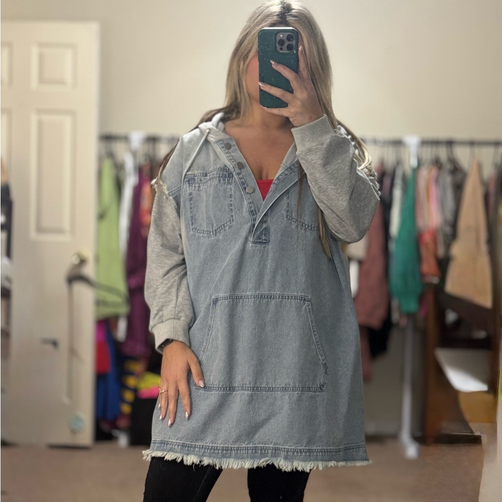 BiBi Grey Denim Hoodie Dress with Grey Sleeves and Red Underlayer
